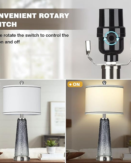 Glass Table Lamp Set of 2, 26" Modern Table Lamps with USB A+C Ports & AC Outlet, Touch Control Bedside Nightstand Lamp with LED Night Light for Living Room Bedroom Home Decor Black(4 Bulbs Included) - LeafyLoom