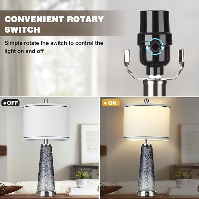 Glass Table Lamp Set of 2, 26" Modern Table Lamps with USB A+C Ports & AC Outlet, Touch Control Bedside Nightstand Lamp with LED Night Light for Living Room Bedroom Home Decor Black(4 Bulbs Included) - LeafyLoom