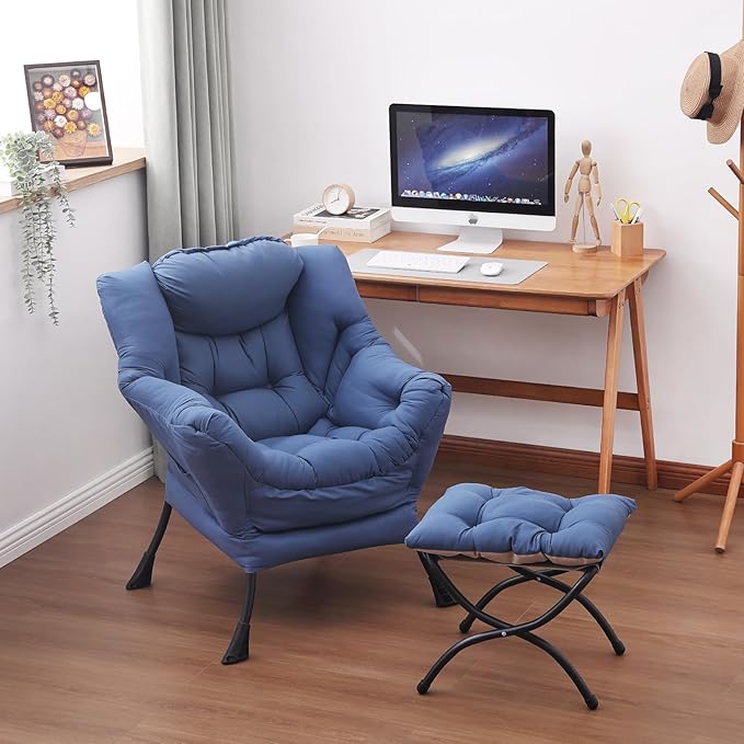 Lazy Chair and Ottoman, Large Accent Lounge Chair with Armrests and a Side Pocket, Modern Leisure Upholstered Sofa Reading Armchair with Footrest for Bedroom, Living Room, Dorm Rooms, Office - LeafyLoom