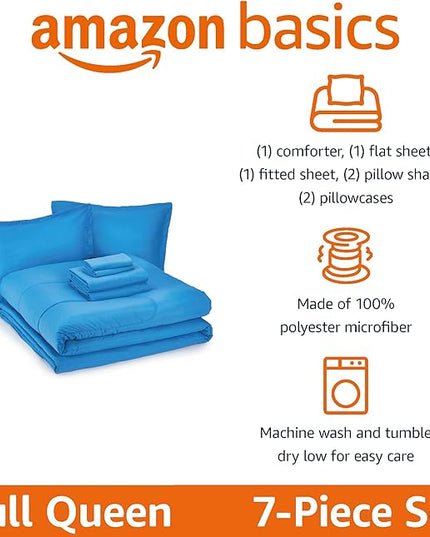 Amazon Basics 7 Piece Microfiber Kid's Bed-in-a-Bag Bedding Set, Full/Queen, Blue, Solid - LeafyLoom