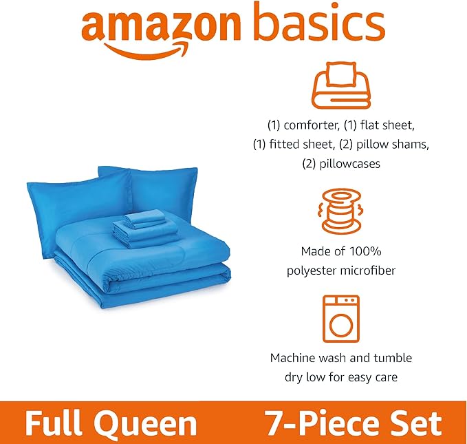 Amazon Basics 7 Piece Microfiber Kid's Bed-in-a-Bag Bedding Set, Full/Queen, Blue, Solid - LeafyLoom
