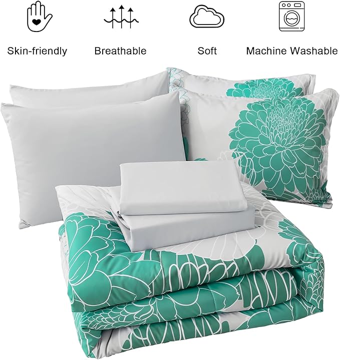 Yiran Grey Aqua Floral King Comforter Set Bed in a Bag Soft Microfiber Comforter Bedding Set 103"×90",7 Pieces (1 Comforter,2 Pillowcases,2 Pillow Shams,1 Flat Sheet,1 Fitted Sheet) - LeafyLoom