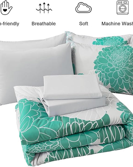 Yiran Grey Aqua Floral Queen Comforter Set Bed in a Bag Soft Microfiber Comforter Bedding Set 90"×90",7 Pieces (1 Comforter,2 Pillowcases,2 Pillow Shams,1 Flat Sheet,1 Fitted Sheet) - LeafyLoom