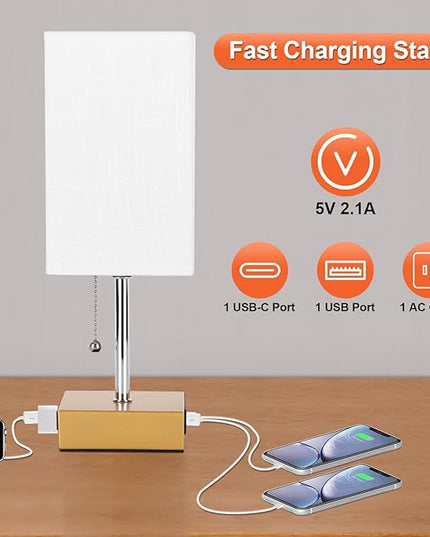 Table Lamp for Bedrooms Set of 2, 3 Color Bedside Table Lamps for Bed Room with USB Type C Charging Port Ac Outlet, Pull Chain Nightstand Table Lamp for Living Room,Office Desk(LED Bulb Included) - LeafyLoom