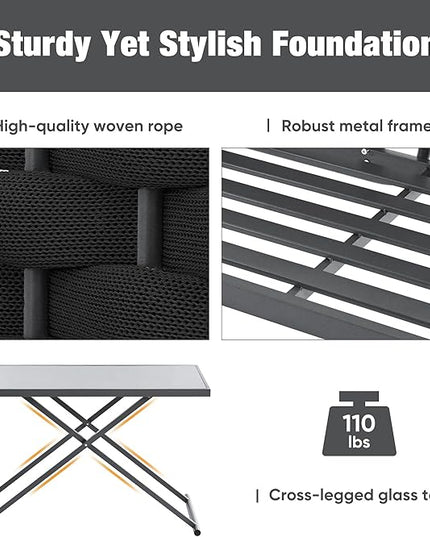 5-Piece Outdoor Furniture Sectional Conversation Sofa Set with Loveseat, Glass Table and Removable Cushions, All Weather Patio Woven Rope L-Shaped Couch for Garden Backyard, Black+Gray - LeafyLoom