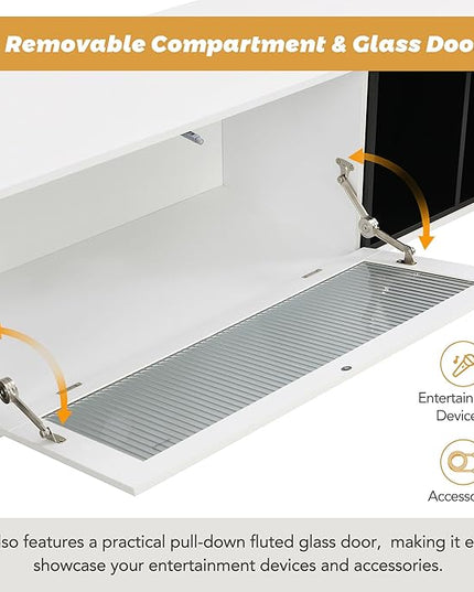Merax Stylish TV Stand with Golden Metal Handles&Legs and Removable Compartment, Two-tone Media Console for Television Up to 80", Fluted Glass Door Storage Cabinet for Living Room, 78.7" Length, White - LeafyLoom