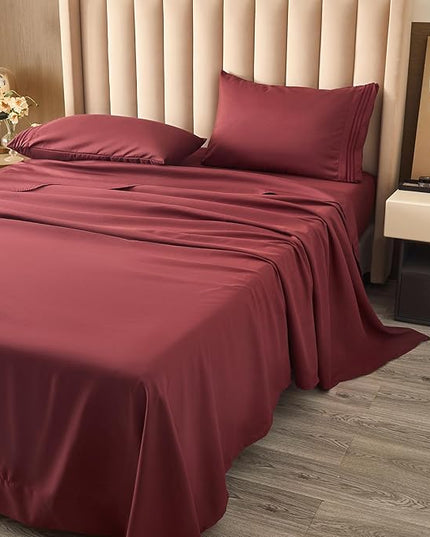Bed Sheet Set - Brushed Microfiber Bedding - Bedding Sheets & Pillowcases - Deep Pockets - Easy Fit - Breathable & Soft Hotel Sheets - 4 Piece Queen Burgundy - LeafyLoom