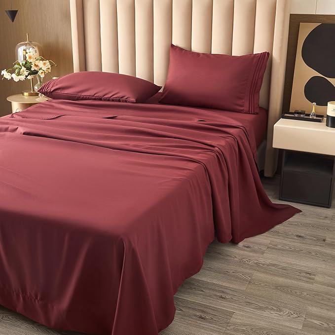 Bed Sheet Set - Brushed Microfiber Bedding - Bedding Sheets & Pillowcases - Deep Pockets - Easy Fit - Breathable & Soft Hotel Sheets - 4 Piece Queen Burgundy - LeafyLoom