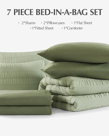 CASAAGUSTO Queen Comforter Set, 7 Pieces Sage Green Seersucker Bed in a Bag Queen Size Soft All Seasons, Bedding Sets with Comforter, Flat Sheet, Fitted Sheet, 2 Pillow Shams, 2 Pillowcases - LeafyLoom