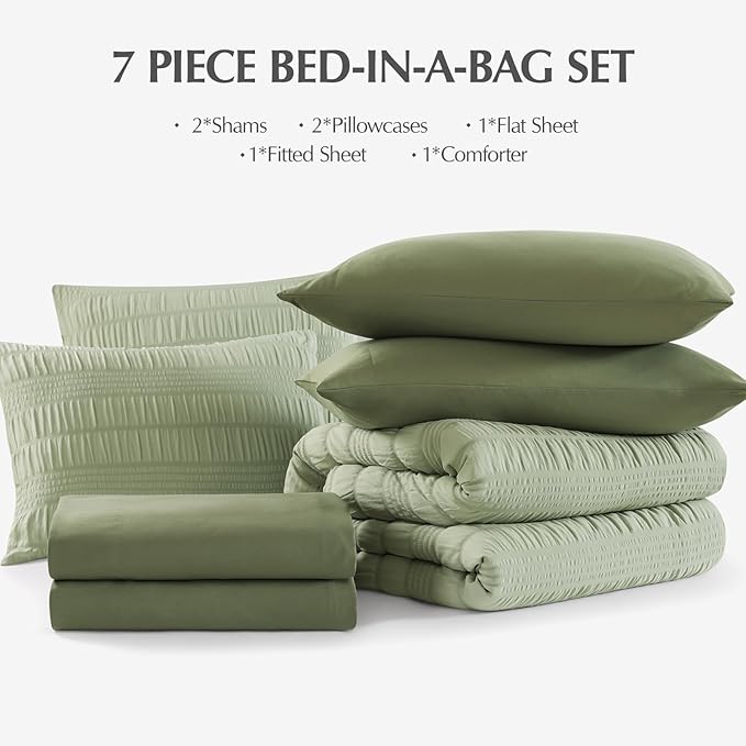 CASAAGUSTO Queen Comforter Set, 7 Pieces Sage Green Seersucker Bed in a Bag Queen Size Soft All Seasons, Bedding Sets with Comforter, Flat Sheet, Fitted Sheet, 2 Pillow Shams, 2 Pillowcases - LeafyLoom