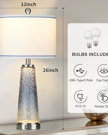 Glass Table Lamps for Living Room, 26" Modern Table Lamps with USB A+C Ports & AC Outlet, Touch Control Bedside Nightstand Lamp with Crystal Night Light for End Table Office Desk Blue(Bulbs Included) - LeafyLoom