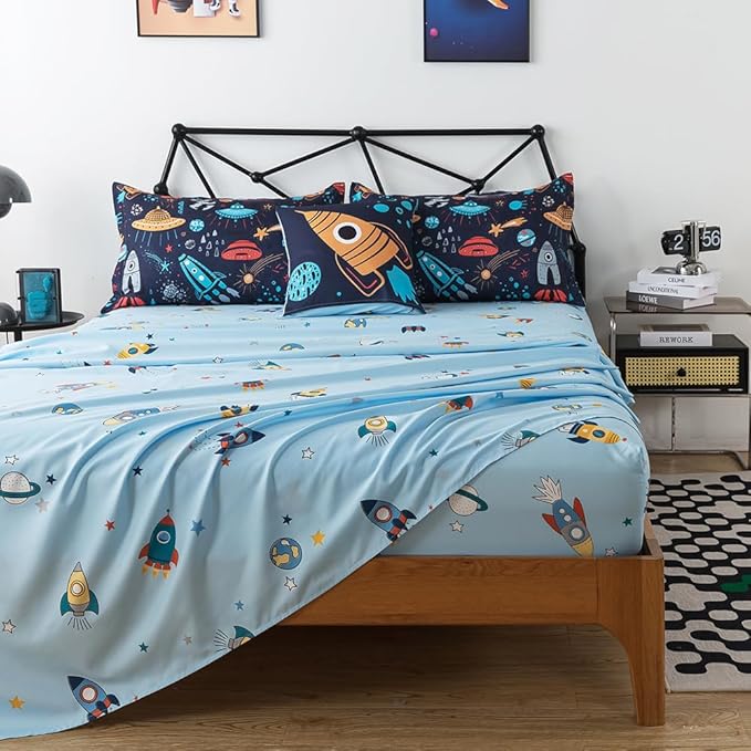 ADASMILE A & S Kids Space Comforter Set 6 Pieces Space Bedding Twin Size for Boys Space Ship Rocket Bedding Galaxy Bed in a Bag Comforter Twin Outer Space Bed Set with Blue Space Sheets Home Decor - LeafyLoom