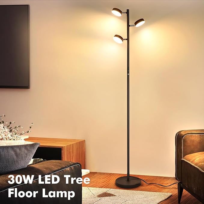 LED Tree Floor Lamp, 30W Dimmable Tall Standing Lamp with Remote & Touch Control, 3000K-6000K 4 Color Temperatures, 3 Rotatable Lights Floor Lamps for Living Room, Bedroom, Office - LeafyLoom