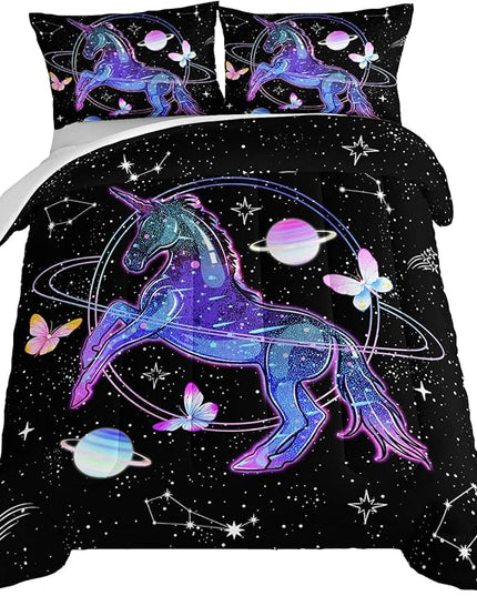 HOSIMA Unicorn Bedding Sets for Girls Kids,Butterfly Star Empty Galaxy Comforter,Unicorn Bedroom Decor for Girls Boys,Soft Microfiber Black King Size Comforter Set,Butterfly Crib Bedding Set. - LeafyLoom