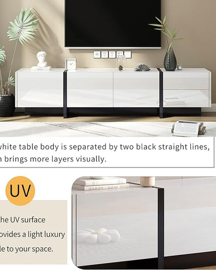 Merax Contemporary Rectangle Design TV Stand for Television Up to 80", Unique Style Console Table, Modern Storage Cabinet with High Gloss UV Surface for Living Room, 74.8" length, White - LeafyLoom