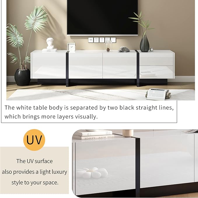 Merax Contemporary Rectangle Design TV Stand for Television Up to 80", Unique Style Console Table, Modern Storage Cabinet with High Gloss UV Surface for Living Room, 74.8" length, White - LeafyLoom
