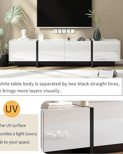 75 Inch TV Stand, Contemporary TV Table with Drawers and High Gloss UV Surface for TVs Up to 80'', Rectangle Entertainment Center with Ample Storage Space for Living Room, White - LeafyLoom