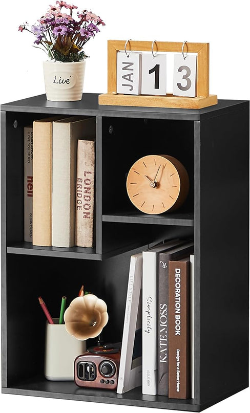VECELO 3-Cube Bookshelf, Fits Tallest Hardcovers, Horizontal Available, Modern Bookcase, Cubby Storage Organizer for Small Space, Bedroom, Living Room,Black - LeafyLoom