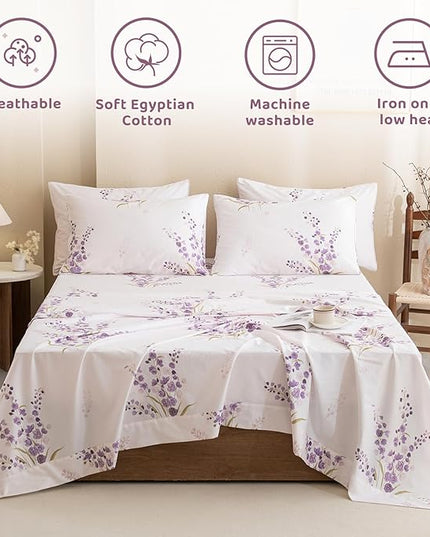 QSH Purple Floral Bed Sheets King Size 100% Egyptian Cotton Lavender Flower Bedding Sheets King Size Bedsheets Sets 17.5" Extra Deep Pocket 4pcs - LeafyLoom