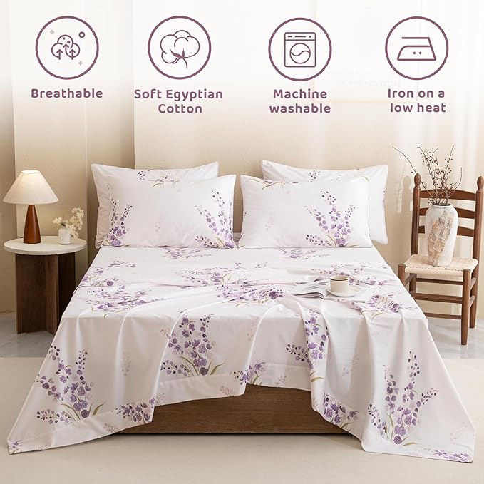 QSH Purple Floral Bed Sheets King Size 100% Egyptian Cotton Lavender Flower Bedding Sheets King Size Bedsheets Sets 17.5" Extra Deep Pocket 4pcs - LeafyLoom