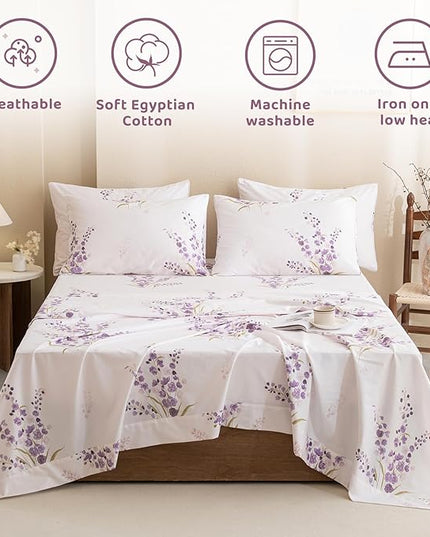 QSH Lavender Floral Bed Sheets Queen Size - 100% Egyptian Cotton Sheets Purple Flower Printed Bedding Sheets Queen Size Bed 4pcs Deep Pockets Bed Sheets - LeafyLoom