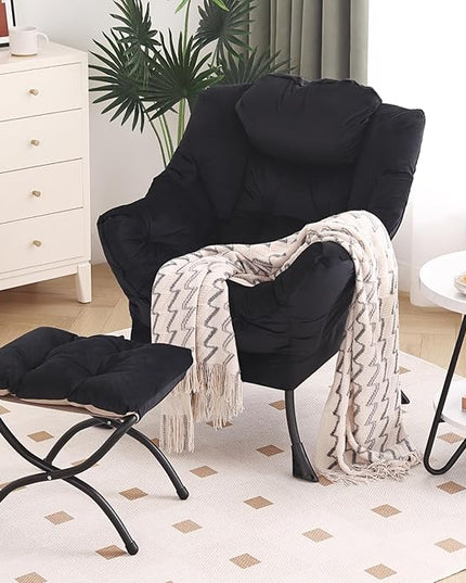 Lazy Chair with Ottoman, Modern Chair with Folding Footrest, Lounge Accent Chair, Comfortable Reading Chair, Oversized Armchairs for Bedroom, Study, Living Room, Courtyard (Black) - LeafyLoom