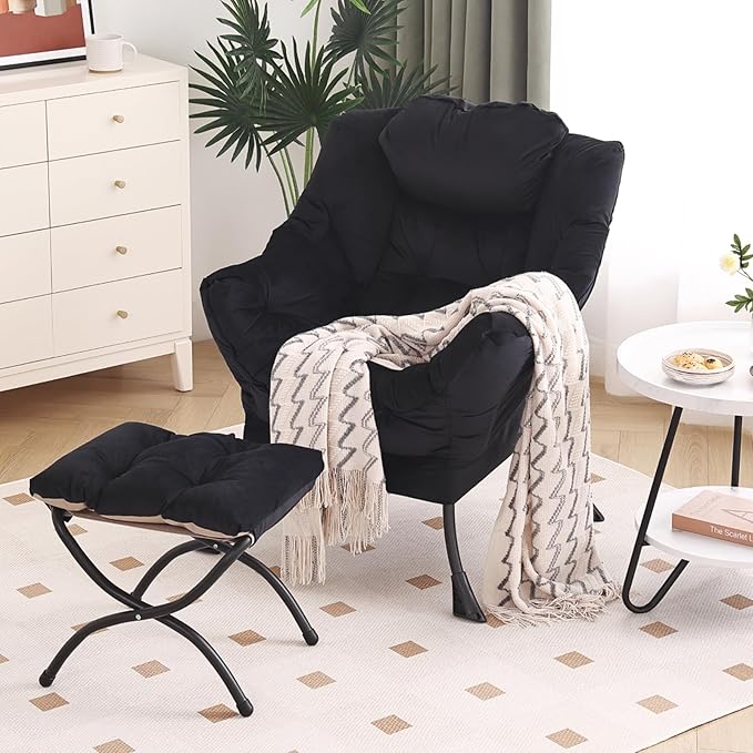 Lazy Chair with Ottoman, Modern Chair with Folding Footrest, Lounge Accent Chair, Comfortable Reading Chair, Oversized Armchairs for Bedroom, Study, Living Room, Courtyard (Black) - LeafyLoom