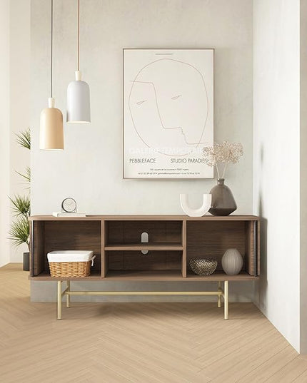 roomfitters Sideboard Buffet Cabinet with Sliding Doors, Mid Century Modern Credenza with 2 Tambour Doors, Minimalist Accent Storage Cabinet for Living Room, Media Console with Storage, Walnut Black - LeafyLoom