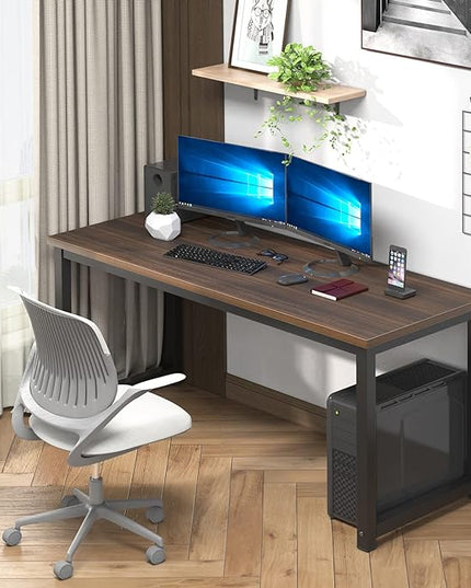 NSdirect Large Office Desk for Home Office, Large 63” Computer Desk Table, Wide Writing Study Desk for 2 Person, Metal Sturdy Frame Thicker Steel Legs, Black Chocolate - LeafyLoom