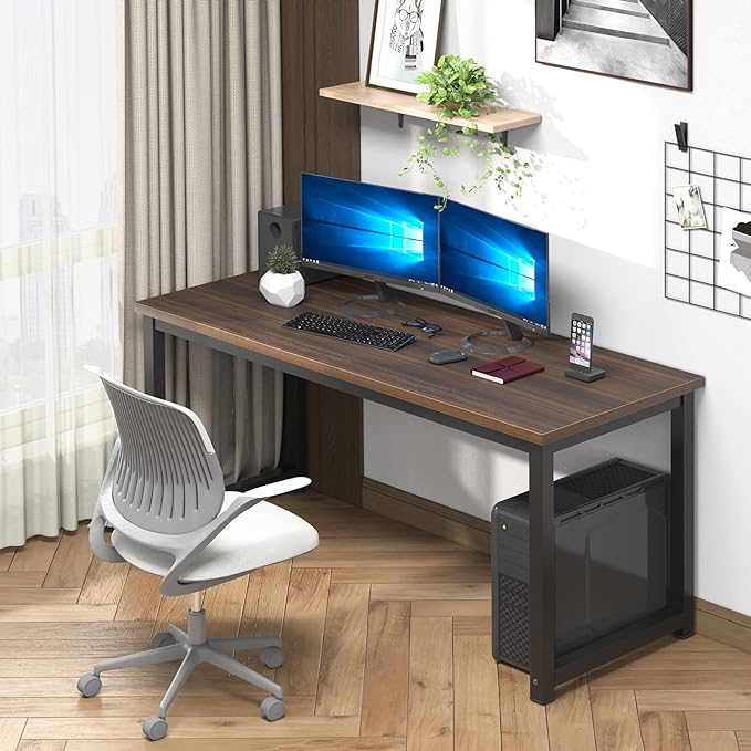 NSdirect Large Office Desk for Home Office, Large 63” Computer Desk Table, Wide Writing Study Desk for 2 Person, Metal Sturdy Frame Thicker Steel Legs, Black Chocolate - LeafyLoom