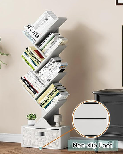 Vagusicc 6 Tier Tree Bookshelf, Modern Floor Standing Bookcase with Storage Drawer, Tall Wood Book Storage Rack for CDs/Books, Utility Book Organizer Shelves for Bedroom/Living Room/Home Office/Corner - LeafyLoom