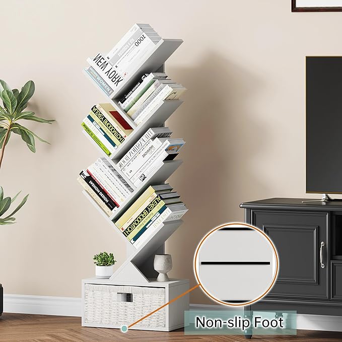 Vagusicc 6 Tier Tree Bookshelf, Modern Floor Standing Bookcase with Storage Drawer, Tall Wood Book Storage Rack for CDs/Books, Utility Book Organizer Shelves for Bedroom/Living Room/Home Office/Corner - LeafyLoom