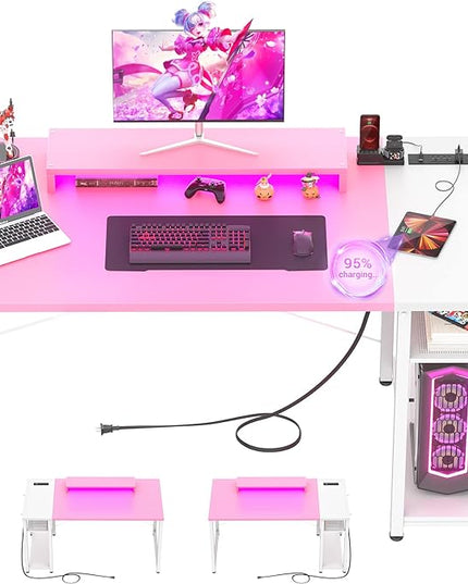 armocity Computer Desk with LED, Gaming Desk with Outlets, 40 Reversible Laptop Table with Monitor Stand, Small Desk for Small Spaces, Pink - LeafyLoom