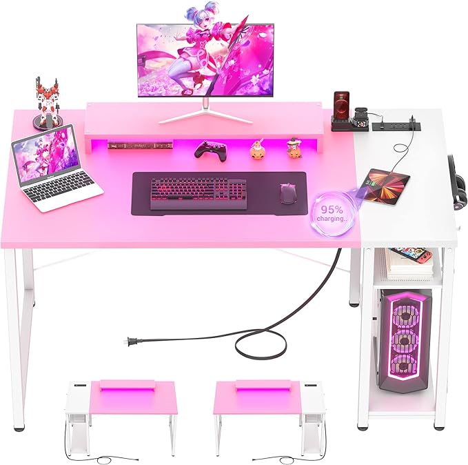 armocity Computer Desk with LED, Gaming Desk with Outlets, 40 Reversible Laptop Table with Monitor Stand, Small Desk for Small Spaces, Pink - LeafyLoom