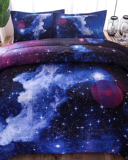 JQinHome Twin Galaxy Comforter Sets Blanket, 3D Outer Space Themed Bedding, All-Season Reversible Quilted Duvet, for Children Boy Girl Teen Kids - includes 1 Comforter, 1 Pillow Sham (Dark Blue) - LeafyLoom