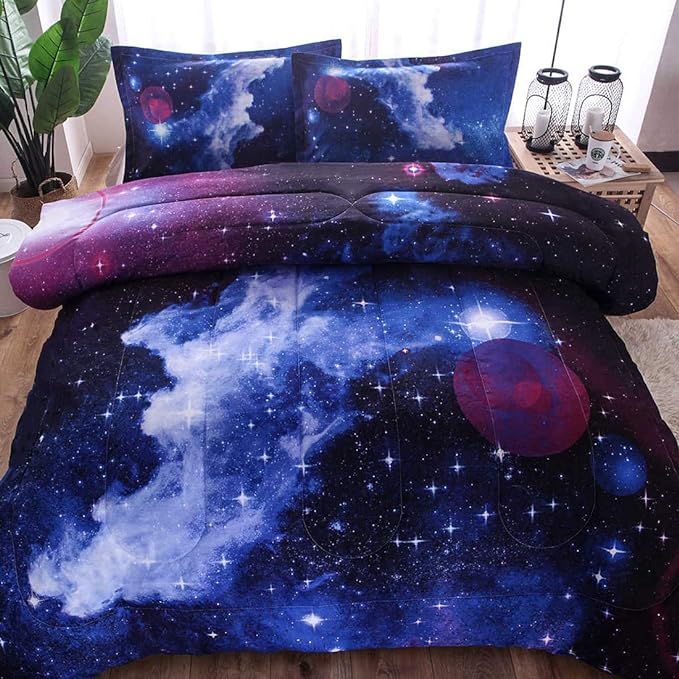 JQinHome Twin Galaxy Comforter Sets Blanket, 3D Outer Space Themed Bedding, All-Season Reversible Quilted Duvet, for Children Boy Girl Teen Kids - includes 1 Comforter, 1 Pillow Sham (Dark Blue) - LeafyLoom