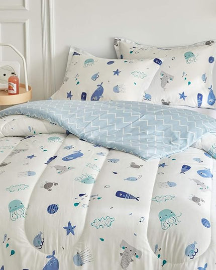 Joyreap 3pcs Premium Cotton Comforter Set for Kids Boys n Girls, Vibrant Ocean Theme Starfish Whale Crab Printed, Skin-friendly Breathable Bedding Comforter for All Season (Full/Queen, 88x88 inches) - LeafyLoom