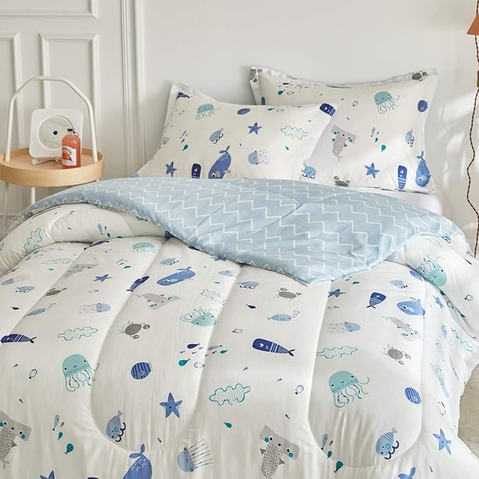 Joyreap 3pcs Premium Cotton Comforter Set for Kids Boys n Girls, Vibrant Ocean Theme Starfish Whale Crab Printed, Skin-friendly Breathable Bedding Comforter for All Season (Full/Queen, 88x88 inches) - LeafyLoom