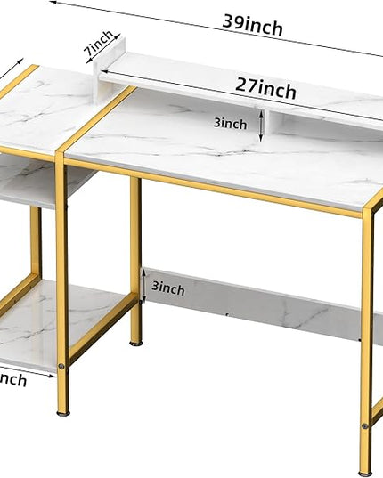 Computer Desk - 39 Inch Home Office Desk with Storage, Gaming Desk with Monitor Stand, Modern Simple Study Table, Adjustable Storage Space, Marble - LeafyLoom