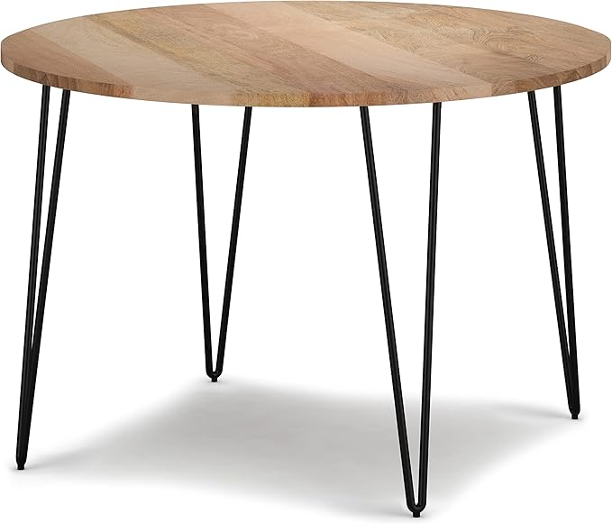 SIMPLIHOME Hunter SOLID MANGO WOOD and Iron 45 Inch Round Industrial Dining Table in Natural, For the Dining Room - LeafyLoom