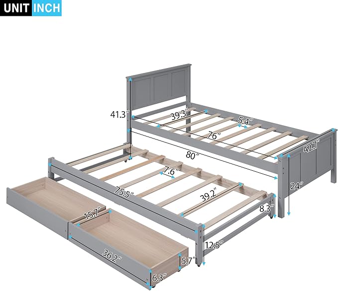 Merax Wood Bed with Trundle and 2 Drawers Twin Daybed Frame for kids Teens Adults/No Box Spring Needed Grey - LeafyLoom