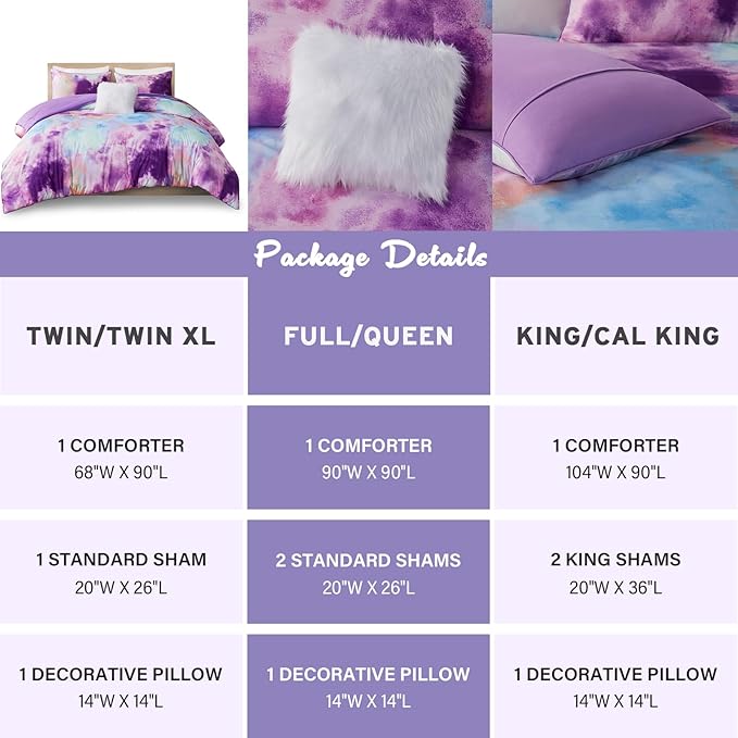 Intelligent Design Queen Size Comforter Set, Watercolor Comforter Set for Teen Girl & Boys, Tie Dye Queen Bedding Sets, 4 Pieces Cassiopeia Comforter, Sham, Throw Pillow Full/Queen Lavender - LeafyLoom