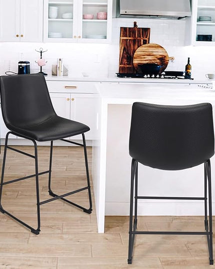 Bar Stools Set of 2, 26 Inches Bar Stool with Back, Carbon Fiber Bar Chair with Metal Legs (Black) - LeafyLoom