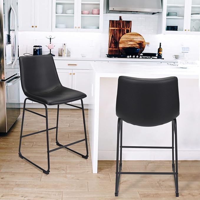 Bar Stools Set of 2, 26 Inches Bar Stool with Back, Carbon Fiber Bar Chair with Metal Legs (Black) - LeafyLoom