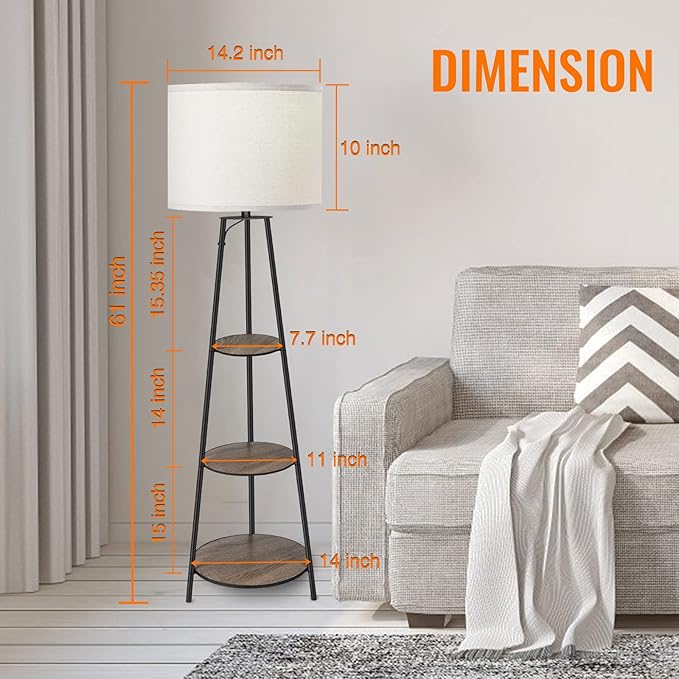 Floor Lamp, 3-Tier Round Corner Shelf Floor Lamp with 3 Dimmable Levels - Simple Standing Lamp with White Fabric Shade, Tall Modern Floor Lamps with Shelves for Bedroom, Living Room and Office - LeafyLoom