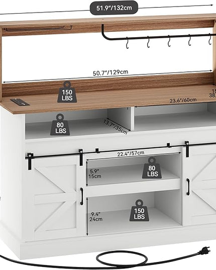 YITAHOME 52" Farmhouse Buffet Cabinet with Storage, Sliding Barn Door, Sideboard Cabinet with Goblet Holder, 5 Hooks and Power Outlets, Coffee Bar Cabinet for Kitchen, Living Room (White) - LeafyLoom