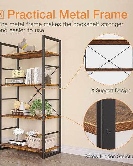 ODK Bookshelf, 4 Tier Shelf Storage Organizer, Modern Book Shelf with Metal Frame for Bedroom, Living Room and Home Office, Rustic Brown - LeafyLoom