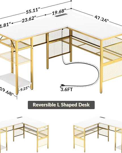 Unikito L Shaped Desk with Power Outlets and USB Charging Ports, Reversible L-Shaped Corner Desks with Storage Shelves, Unique Grid Design, 2 Person Gaming Computer Table for Home Office, White - LeafyLoom