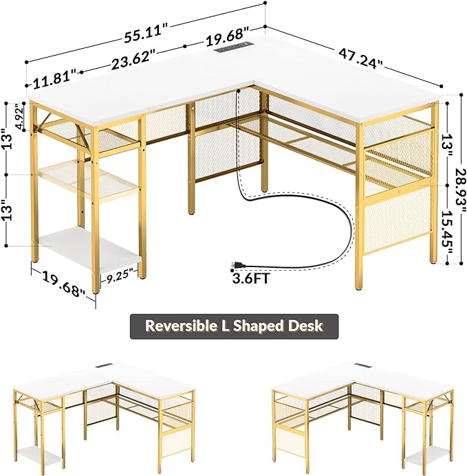 Unikito L Shaped Desk with Power Outlets and USB Charging Ports, Reversible L-Shaped Corner Desks with Storage Shelves, Unique Grid Design, 2 Person Gaming Computer Table for Home Office, White - LeafyLoom
