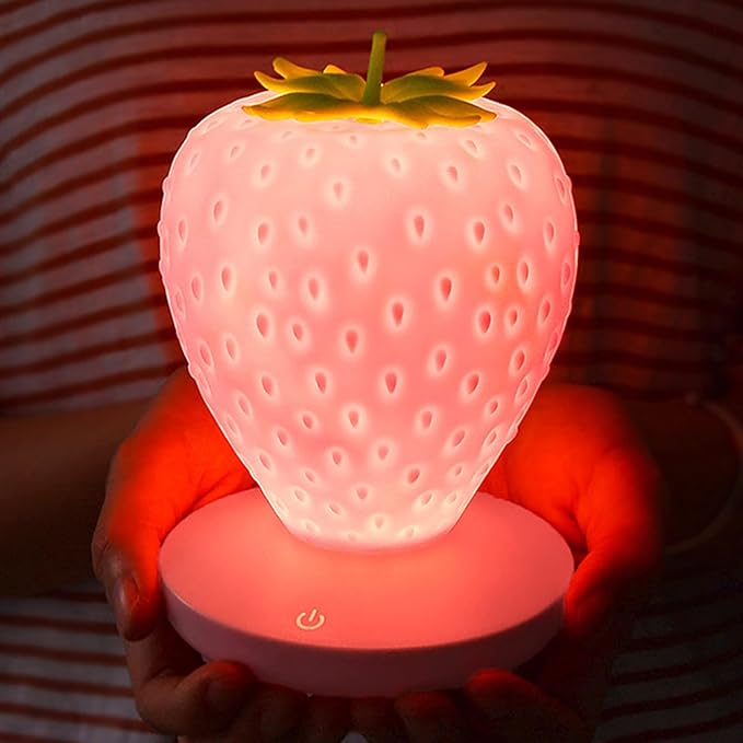Strawberry Night Light,Cute Silicone Strawberry Lights Kawaii Room Decor,USB Rechargeable Bedside Lamp 3 Gear Touch Lighting,Cute Strawberry Gifts for Baby,Children, Toddlers,Teen Girls - LeafyLoom